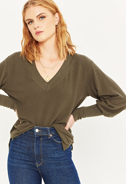 Olive Green V-Neck Top with Long Ribbed Cuffs