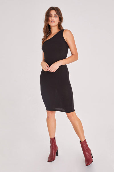 Black Samira One Shoulder Ribbed Dress