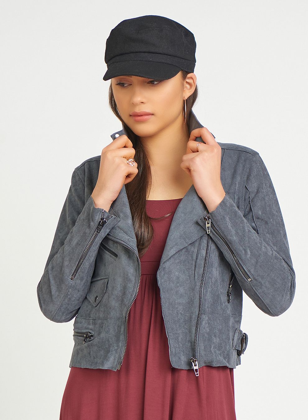 Charcoal Grey Faux Suede Moto Jacket