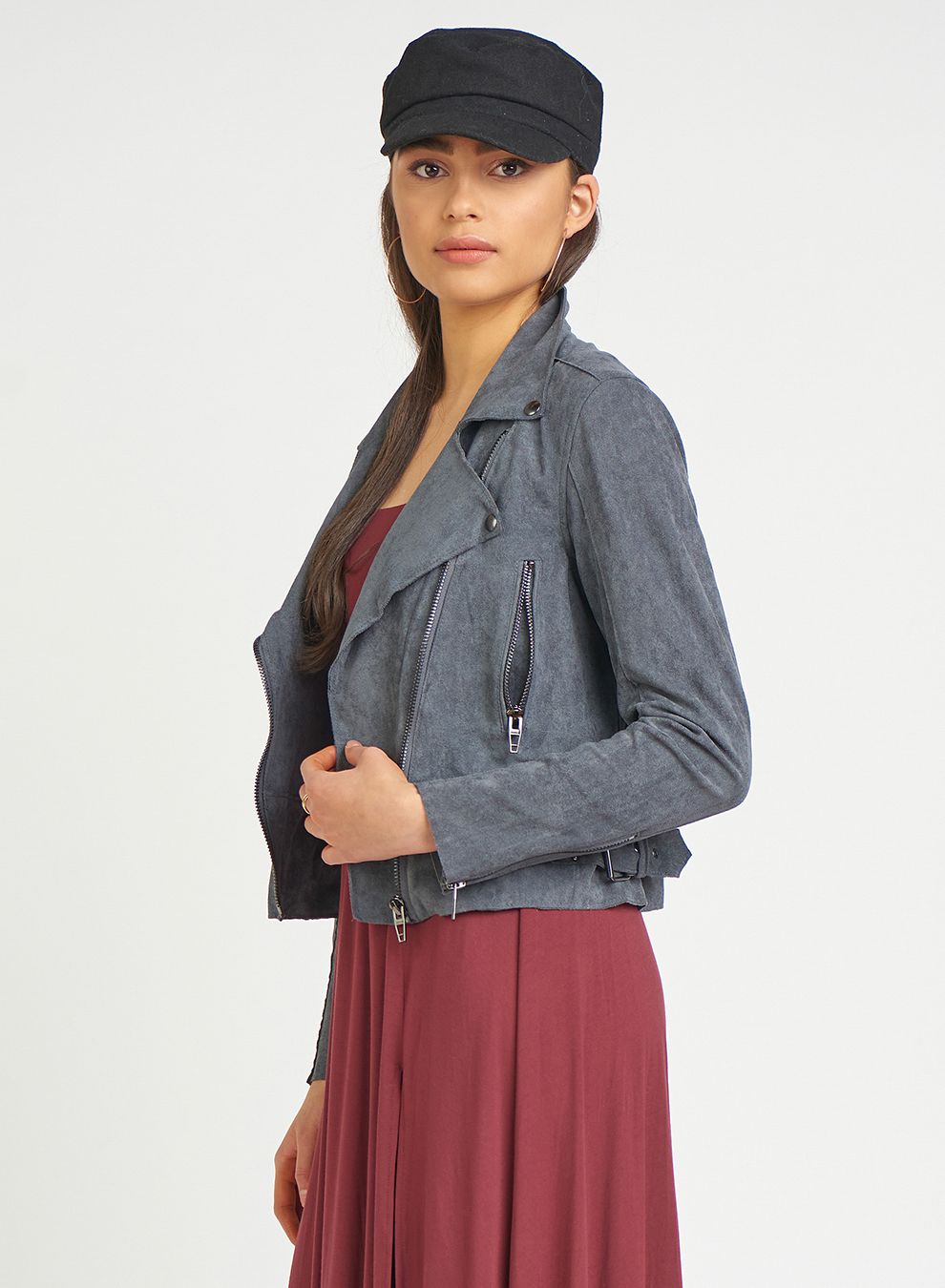 Charcoal Grey Faux Suede Moto Jacket