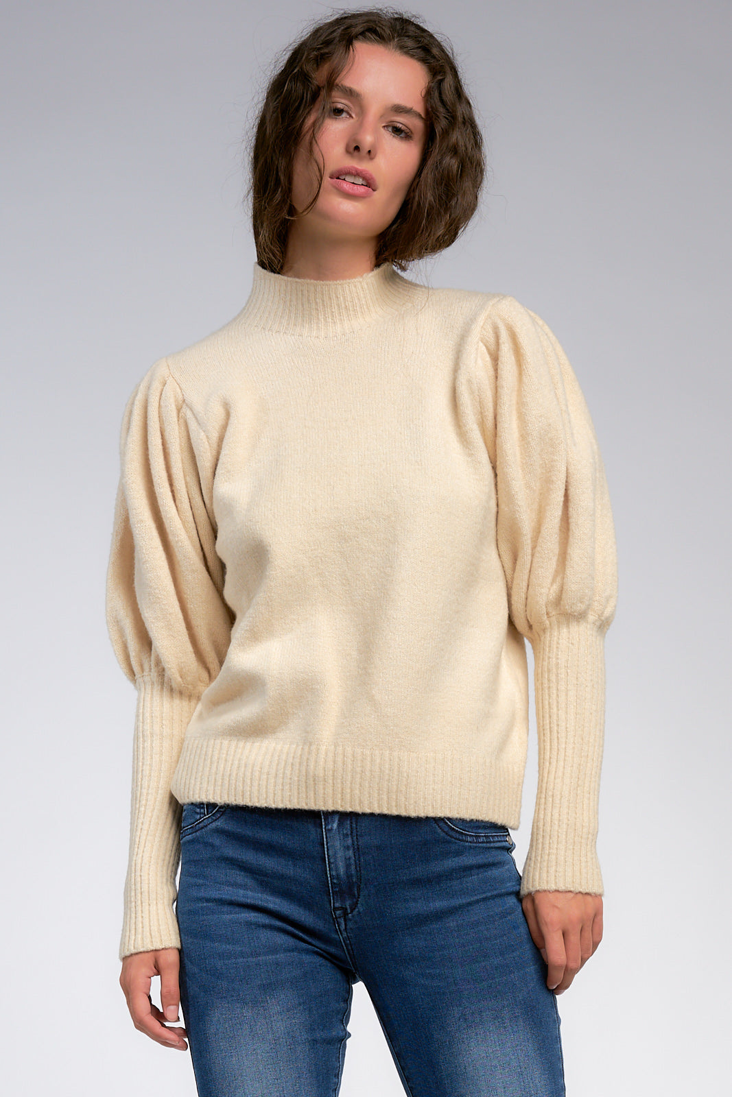 Mock Neck Sweater with Puffy Sleeves