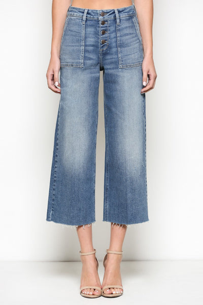 High Rise Button Front Cropped Wide Leg Jeans