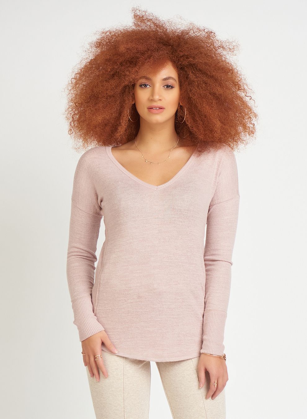 Long Sleeve Heathered Pink V-Neck Top